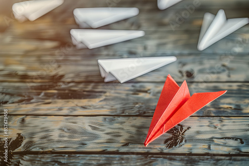 Red paper plane leading white ones, symbolizing leadership photo