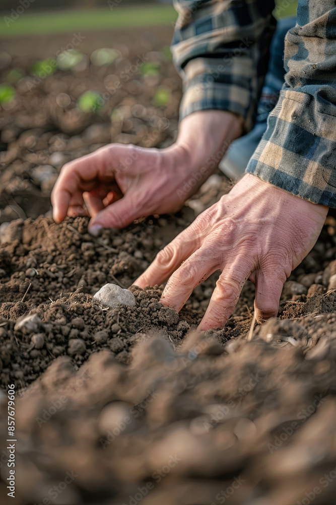 Male hands touching soil in a field, checking soil health before planting seeds. Concept of business or ecology Male hands touching soil in a field, checking soil health before planting seeds. Concept of business or ecology