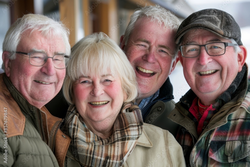 Group of senior friends standing together in a train smiling at the camera Group of senior friends standing together in a train smiling at the camera