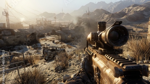 First-person shooter game scene, soldier's view of a war-torn battlefield, intense combat, raw and vivid detail