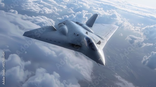 High-tech combat fighter jet in flight, cutting through the sky with advanced stealth features, raw and dynamic, detailed design