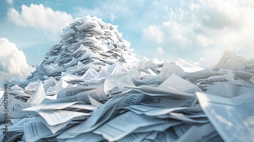 Artistic depiction of a high pile of document papers, with some sheets slightly askew, symbolizing the challenges and workload in an office setting
