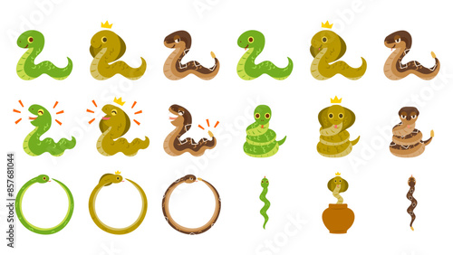 蛇、キングコブラ、ガラガラヘビの様々なイラストやフレーム。フラットなベクターイラストセット。
Various illustrations and frames of snakes, king cobras, and rattlesnakes. Flat vector illustration set.