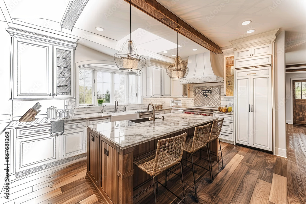 Fototapeta premium Stylish kitchen interior with modern furniture, combining photo and sketch elements