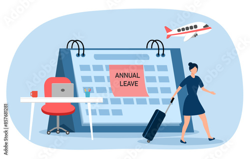 Annual leave relaxation holiday concept vector illustration. Annual leave text on sticky note on calendar. Businesswoman with baggage on vacation.