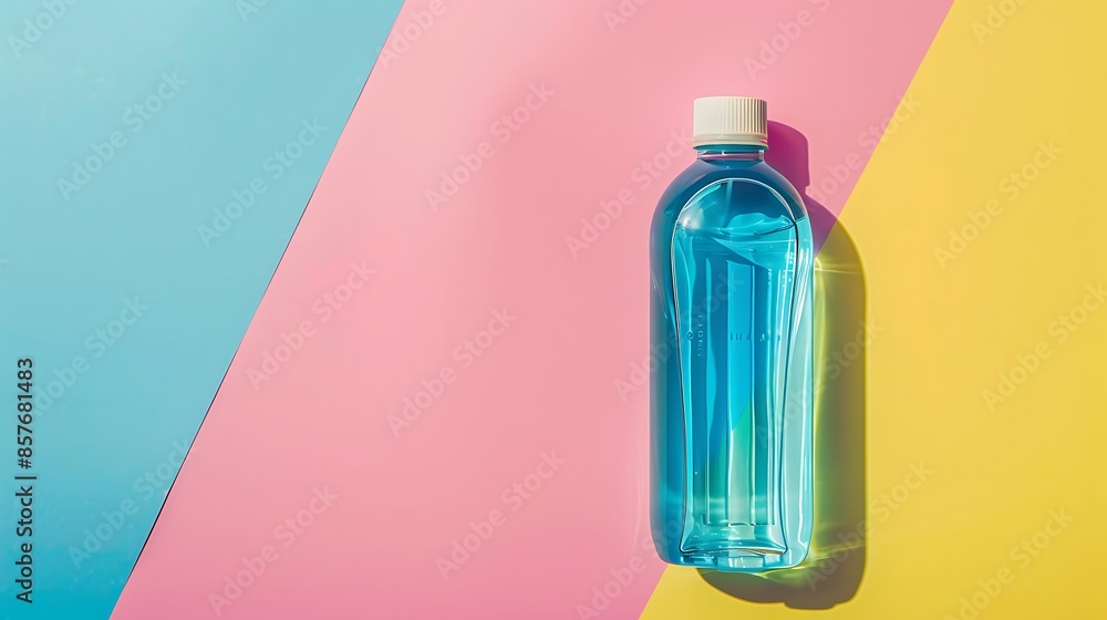 A bottle of toilet water on blue pink and yellow background A bottle of toilet water on blue pink and yellow background