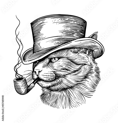 british shorthair cat, wears top hat and smoking with pipe engraving black and white outline