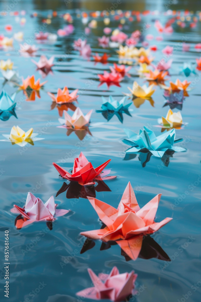 Origami flowers floating on a serene pond, symbolizing the delicate and transformative nature of creativity Origami flowers floating on a serene pond, symbolizing the delicate and transformative nature of creativity