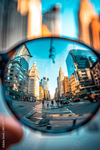 Cityscape reflected in the lenses of glasses photo