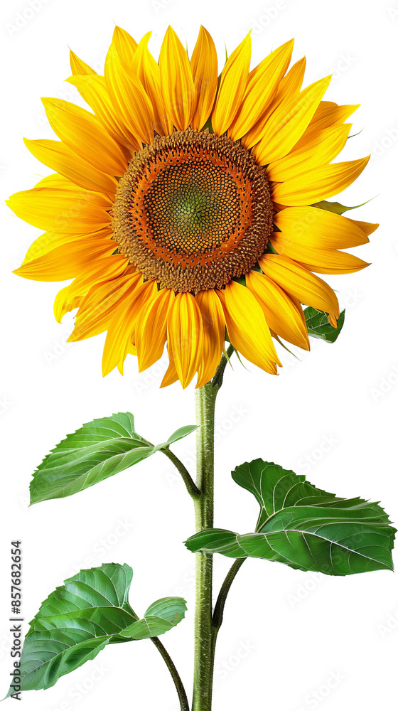 Naklejka premium Bright and vibrant sunflower with detailed petals and leaves, isolated on a white background, perfect for floral and nature themes.