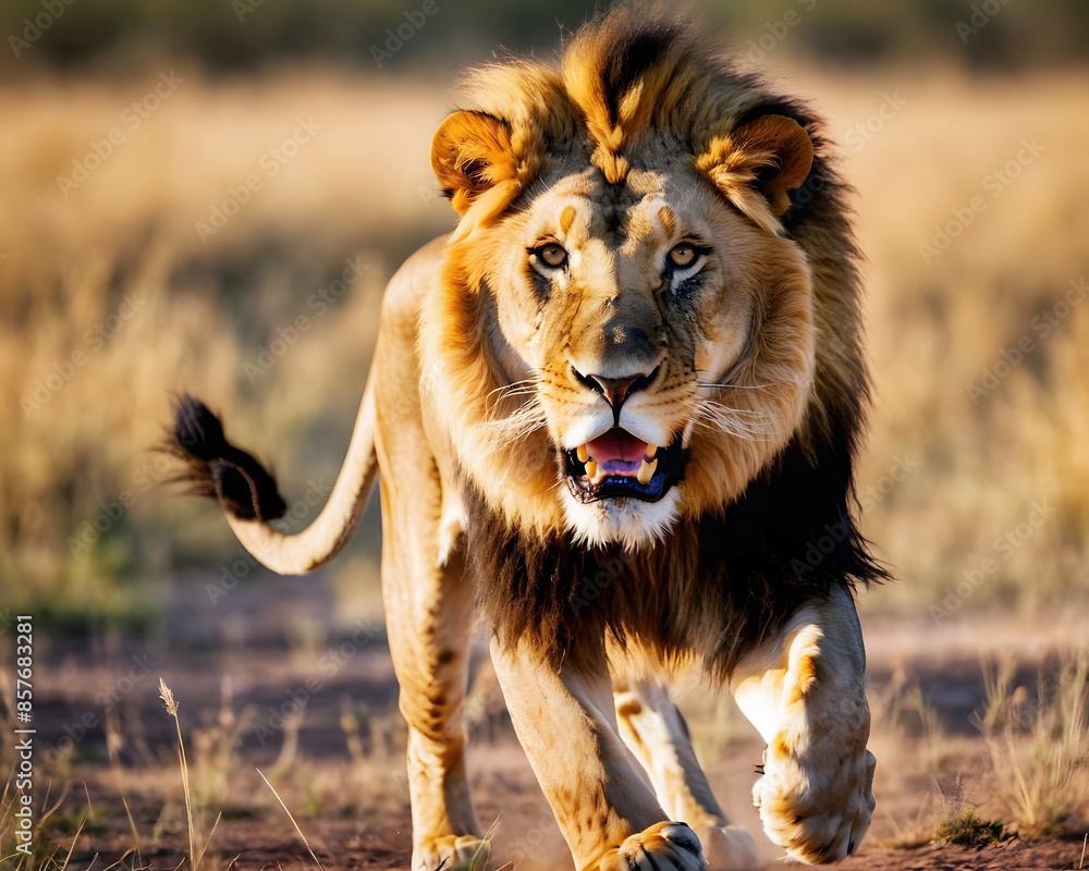 Fototapeta premium Aggressive lion in the savanna, close-up, aggressive pose, blurred foreground and background.