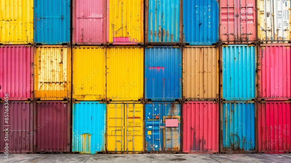 Fototapeta premium Multicolored cargo containers stacked high, symbolizing global sea freight and logistics, raw texture, bustling port background