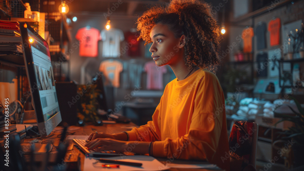Focused person uses AI to design print-on-demand t-shirts in a creative office.generative ai Focused person uses AI to design print-on-demand t-shirts in a creative office.generative ai