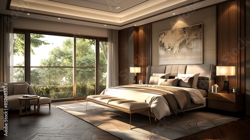 Elegant bedroom with modern decor and a relaxing atmosphere. © ShutterStockpile