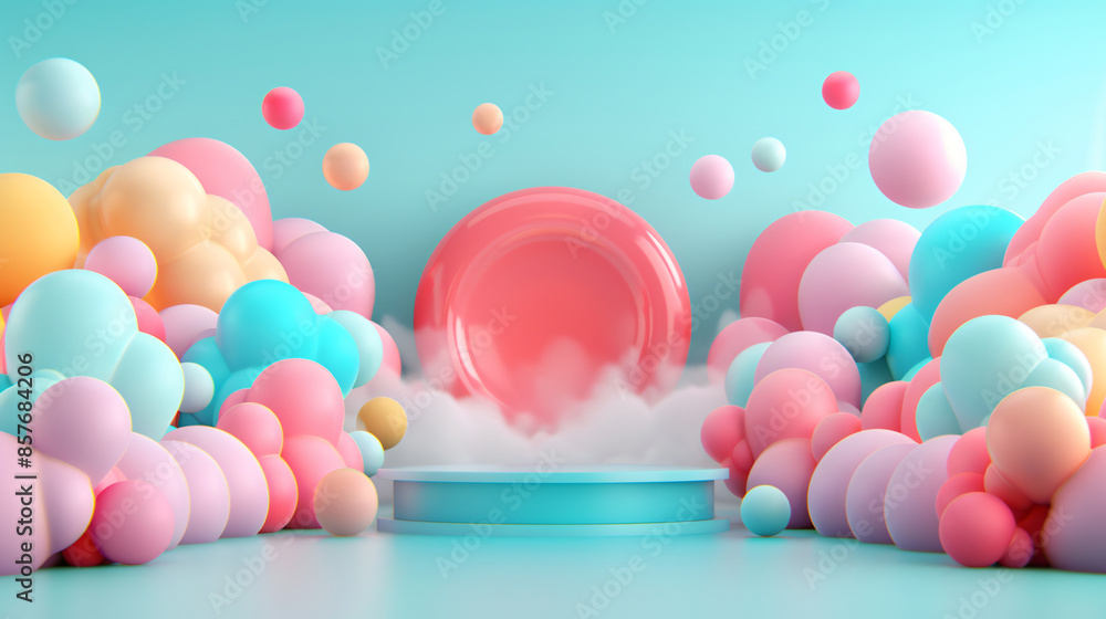 A modern abstract 3D background featuring geometric shapes and soft pastel colors with a sleek stand and podium, perfect for a cosmetic product advertisement, A modern abstract 3D background featuring geometric shapes and soft pastel colors with a sleek stand and podium, perfect for a cosmetic product advertisement,