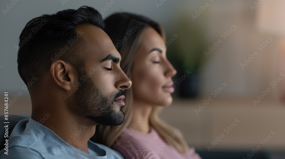 a couple sitting on a sofa in a counseling room, side by side with their eyes closed, in a counseling center a couple sitting on a sofa in a counseling room, side by side with their eyes closed, in a counseling center