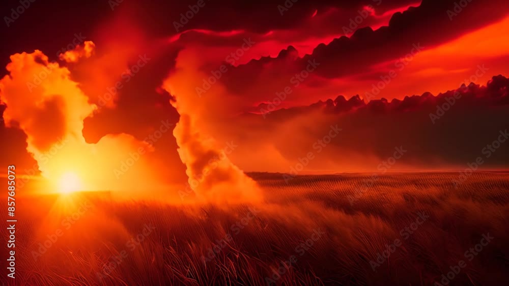 Fire In The Field At Sunset Generative AI