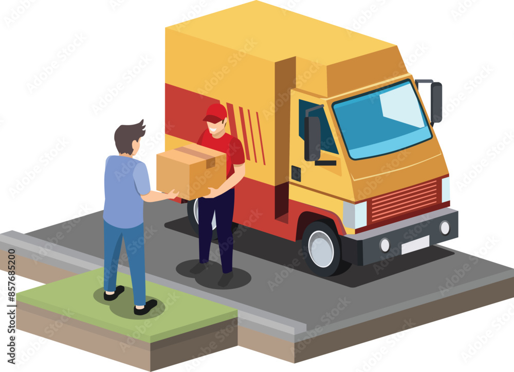 isometric courier with parcels and delivery van. Express mail courier delivery services. worker holding cardboard box in hands send to customer isometric courier with parcels and delivery van. Express mail courier delivery services. worker holding cardboard box in hands send to customer