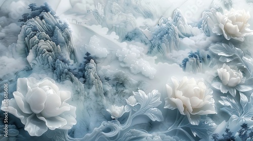 A carved Peony, landscape, auspicious cloud, watercolor mural, jade material, jade carving technology photo