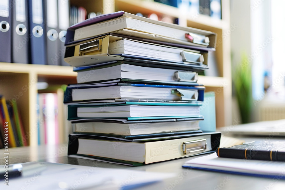 Close-up of stacked binders and folders, representing document organization, office storage, and paperwork management. Close-up of stacked binders and folders, representing document organization, office storage, and paperwork management.