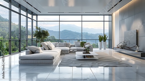 A modern living room with large comfortable sofa and bed room with beautiful background very detailed and realistic shape