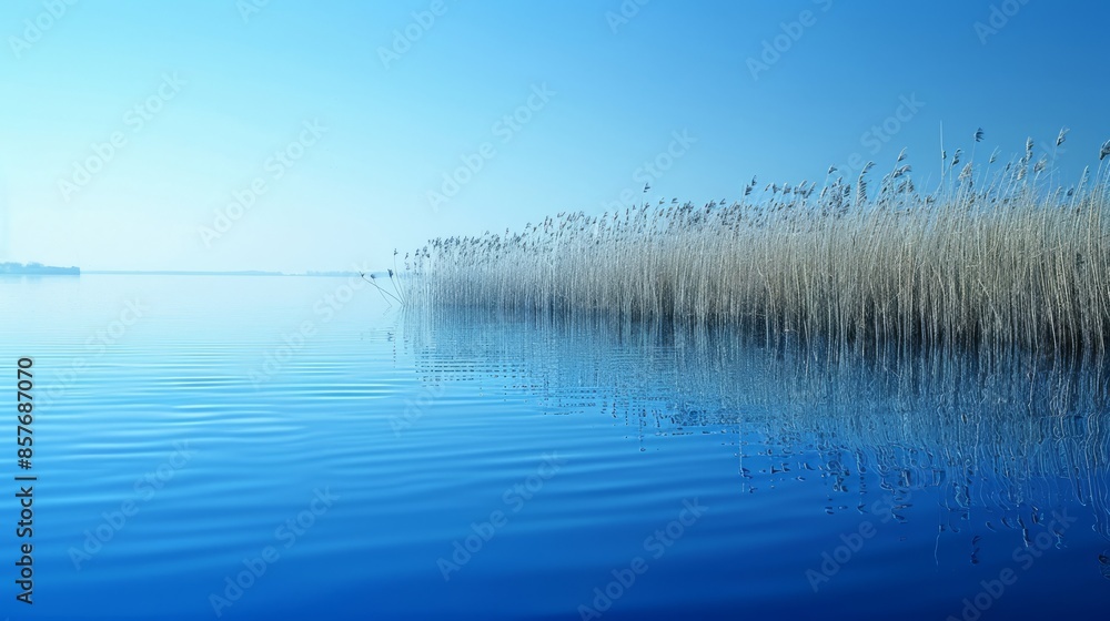A solid blue background, large areas of reeds and blue water A solid blue background, large areas of reeds and blue water