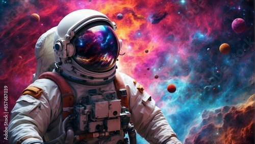 An astronaut in a spacesuit with a reflection of a nebula on his helmet visor. AI.