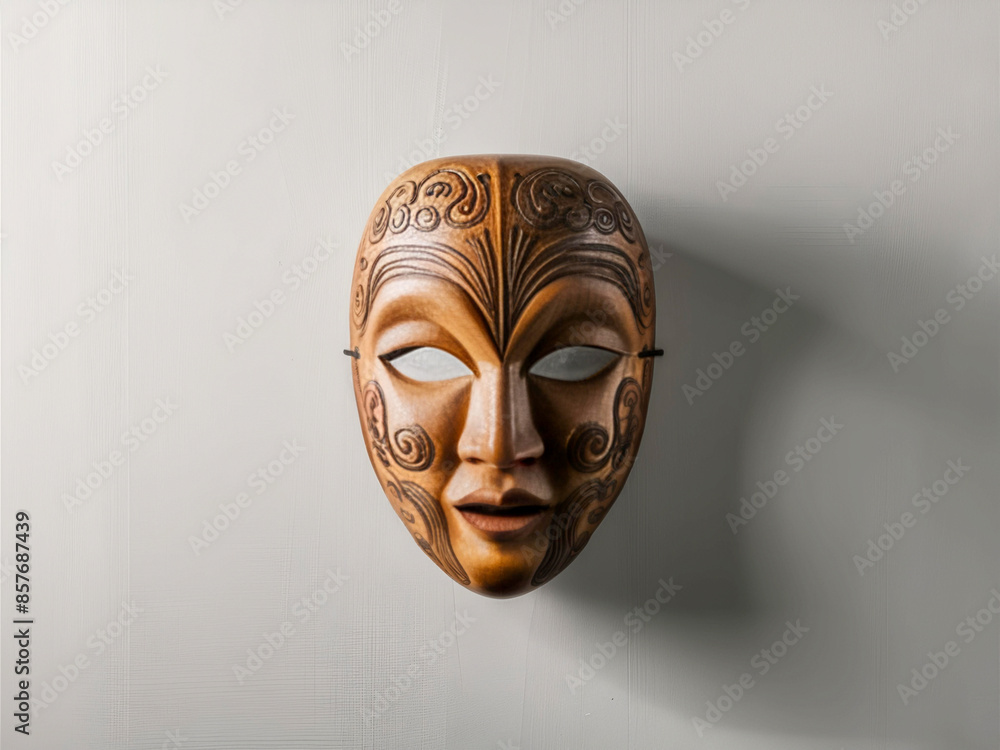 wooden face mask on white wall wooden face mask on white wall