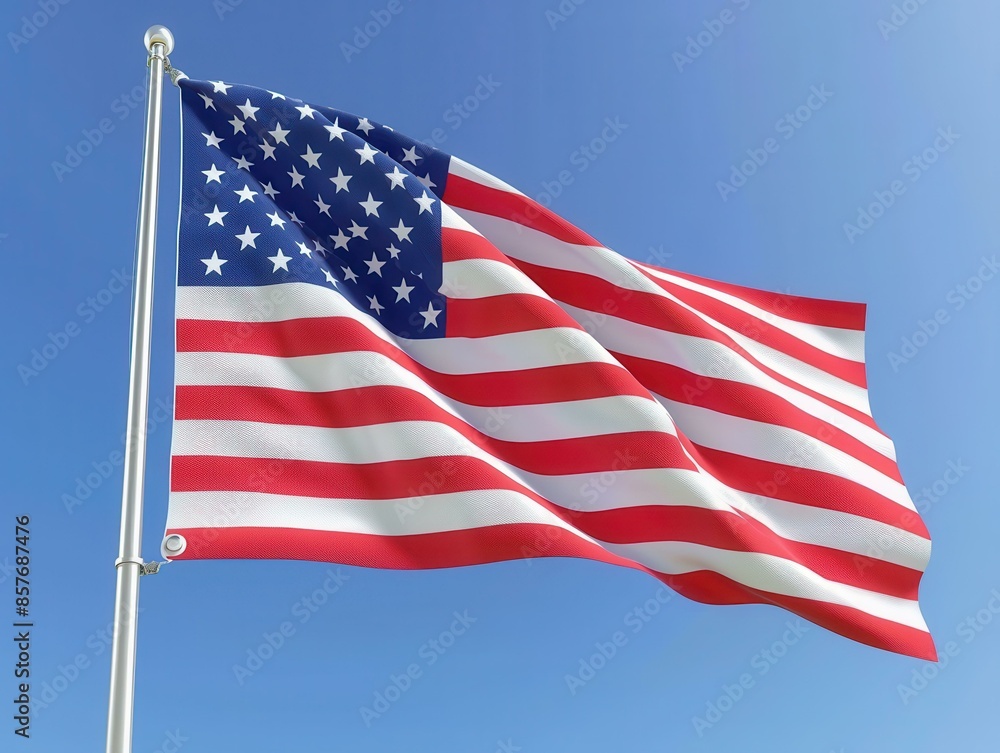 Obraz premium A detailed flag of the United States waving against a bright blue sky with scattered clouds.