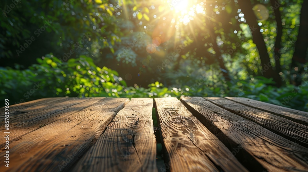 Beautiful blurred background, an empty wooden table in the garden with sunlight and bokeh effect of light Beautiful blurred background, an empty wooden table in the garden with sunlight and bokeh effect of light