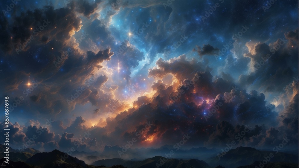 Fototapeta premium A beautiful landscape of a mountain range at night, with a starry sky and clouds. AI.