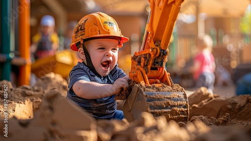 Adorable toddler in hard hat playing in sandbox with toy excavator. AI. photo