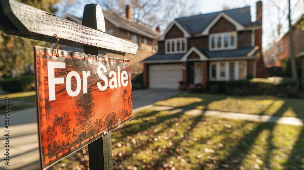 Obraz premium House for sale sign in front yard of suburban home on a sunny day