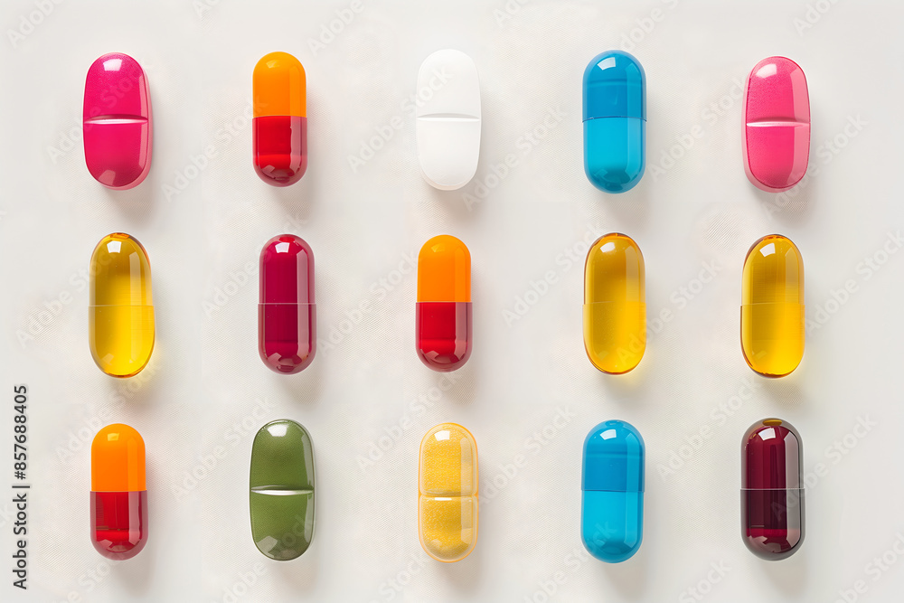 Lots of colorful pills on light background. Top view of vitamin supplement, drugs. Assorted colorful pills and capsules, representing medicine and healthcare Lots of colorful pills on light background. Top view of vitamin supplement, drugs. Assorted colorful pills and capsules, representing medicine and healthcare