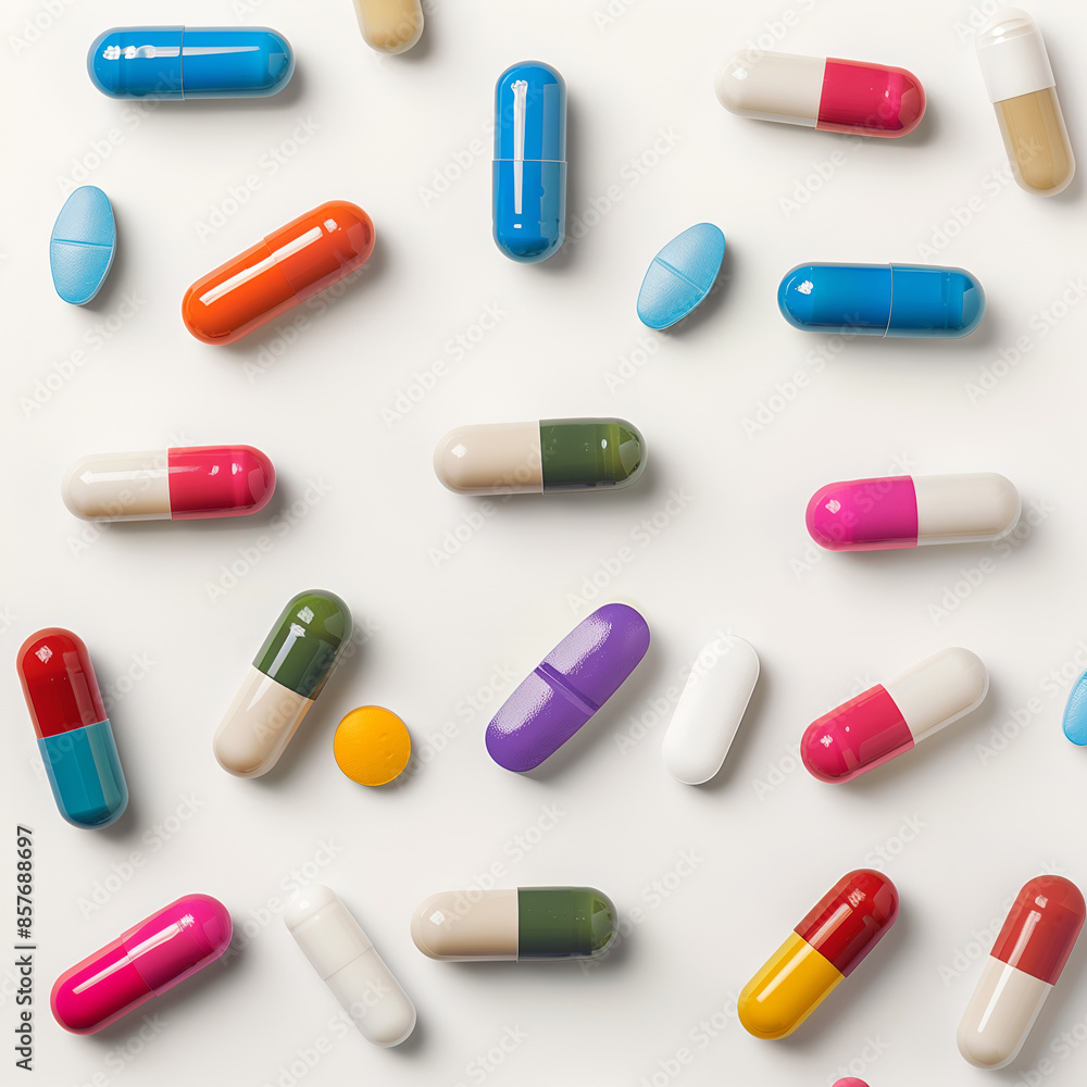 Lots of colorful pills on light background. Top view of vitamin supplement, drugs. Assorted colorful pills and capsules, representing medicine and healthcare Lots of colorful pills on light background. Top view of vitamin supplement, drugs. Assorted colorful pills and capsules, representing medicine and healthcare