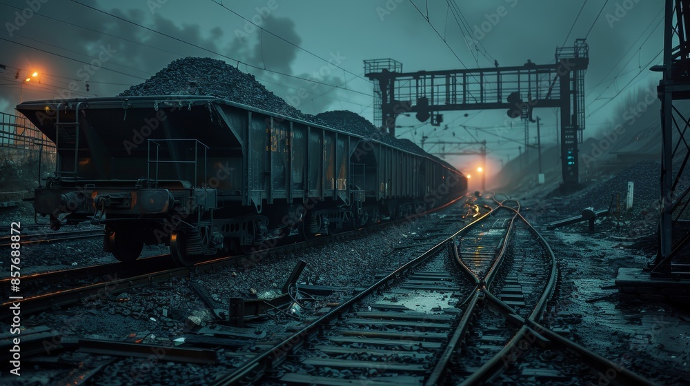 Obraz premium Coal transport in dark railway wagons, mined ore journeying through industrial landscapes, raw and detailed, gritty transport scene