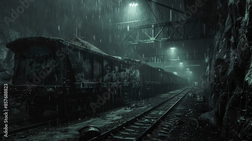 Coal transport in dark railway wagons, mined ore journeying through industrial landscapes, raw and detailed, gritty transport scene