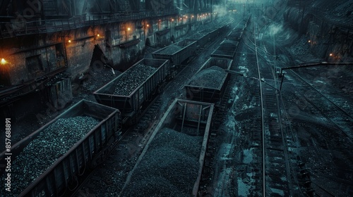 Coal transportation via railway, dark wagons brimming with ore, moving through industrial setting, raw texture, detailed and dynamic