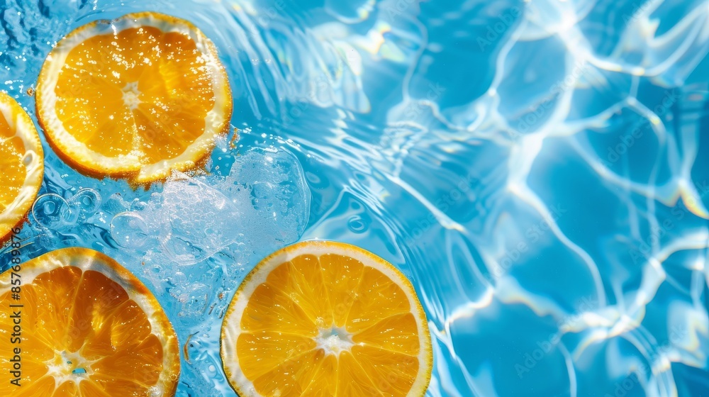 Orange slices floating in clear blue water, illuminated by sunlight reflections, creating a refreshing and vibrant summer background concept. Orange slices floating in clear blue water, illuminated by sunlight reflections, creating a refreshing and vibrant summer background concept.