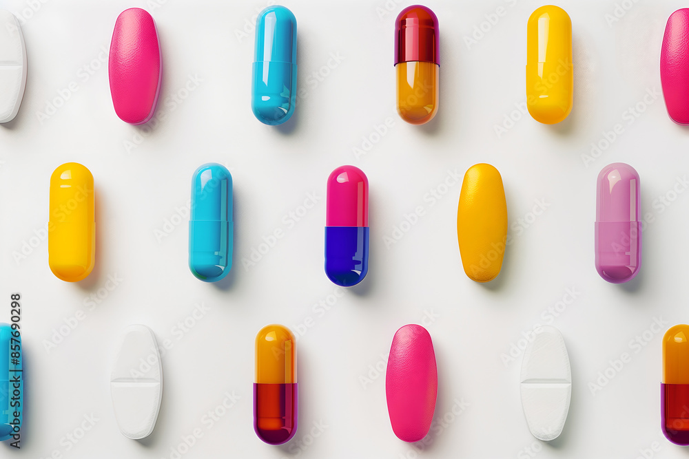 Lots of colorful pills on light background. Top view of vitamin supplement, drugs. Assorted colorful pills and capsules, representing medicine and healthcare Lots of colorful pills on light background. Top view of vitamin supplement, drugs. Assorted colorful pills and capsules, representing medicine and healthcare