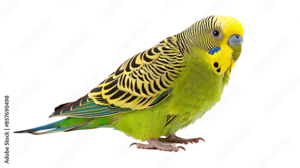 Fototapeta premium Close-up of a vibrant green and yellow budgerigar parrot standing gracefully with a clean white background.