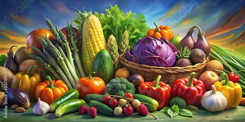 A vibrant collection of freshly harvested vegetables from the farm including pumpkin, asparagus, olives, peas, cherry tomatoes, cucumber, garlic, beets, cabbage, eggplant, potatoes