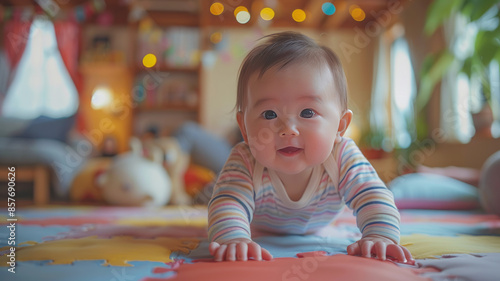 Asian baby taking first steps walk forward on the soft mat. Happy little baby learning to walk with mother help at home.generative ai