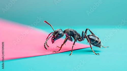 Adult female carpenter queen ant of the genus camponotus pink and blue background photo