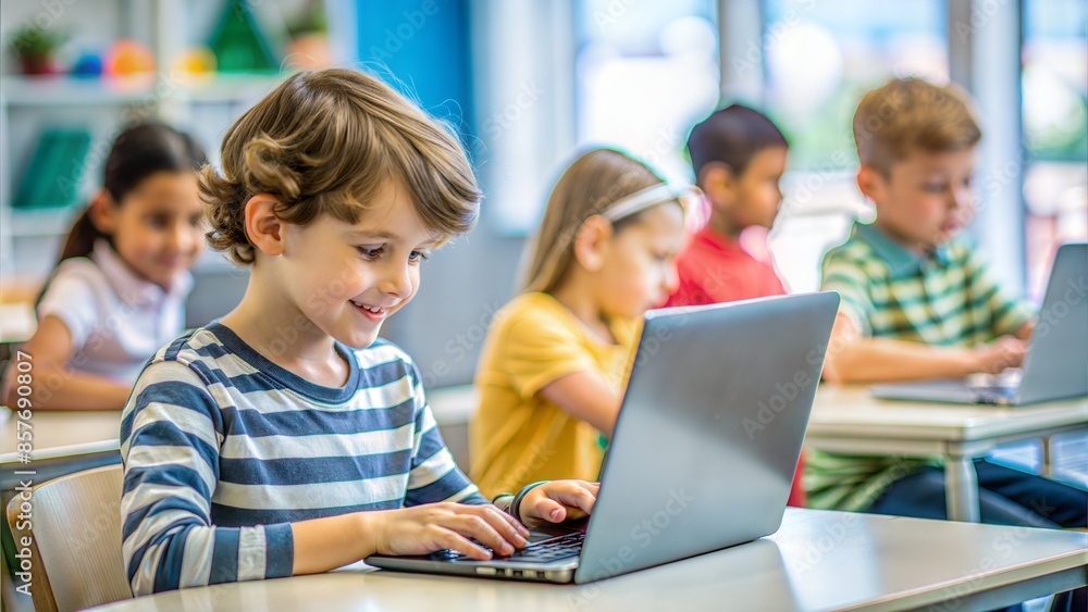 Child Using Computer in Classroom: A child using a computer in a classroom, learning digital skills.
Child Using Computer in Classroom: A child using a computer in a classroom, learning digital skills.