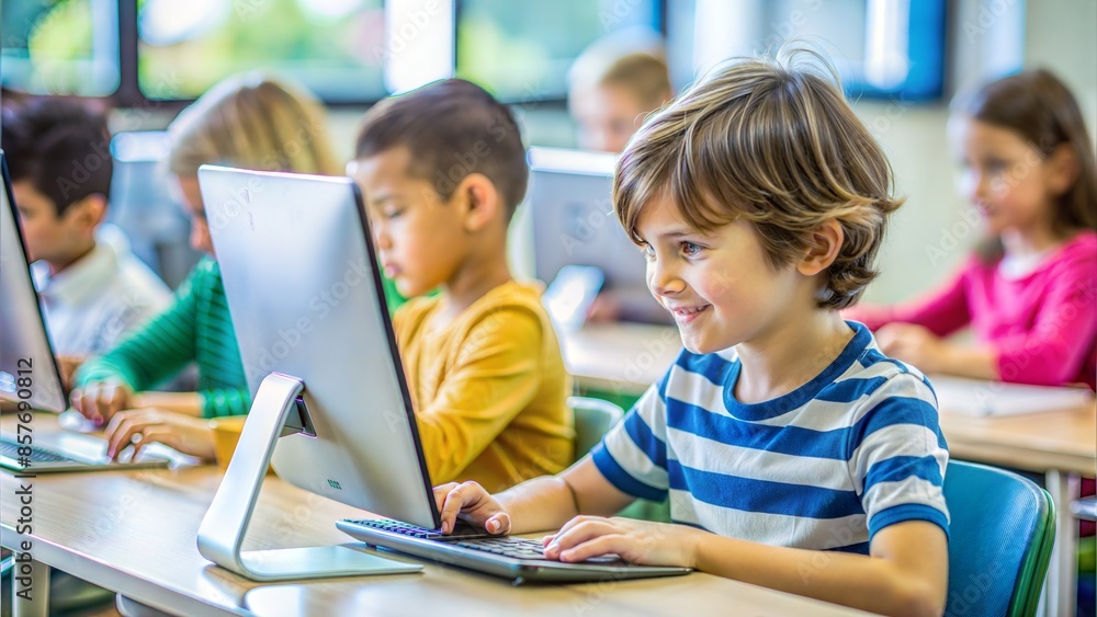 Child Using Computer in Classroom: A child using a computer in a classroom, learning digital skills.
Child Using Computer in Classroom: A child using a computer in a classroom, learning digital skills.