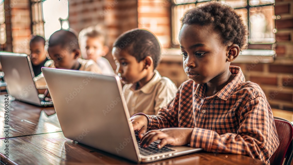 Child Using Computer in Classroom: A child using a computer in a classroom, learning digital skills.
Child Using Computer in Classroom: A child using a computer in a classroom, learning digital skills.