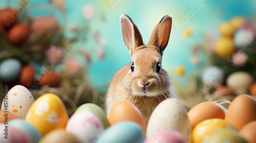 Happy Easter holiday background, easter egg, bunny, tulip, Easter border frame banner decoration © rafliand