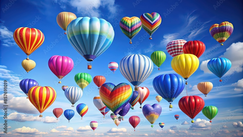 Colorful air balloons floating in a clear blue sky, symbolizing love and romance , love, romance, balloons, air, blue sky, colorful, background, peaceful, serene, flying, romantic Colorful air balloons floating in a clear blue sky, symbolizing love and romance , love, romance, balloons, air, blue sky, colorful, background, peaceful, serene, flying, romantic