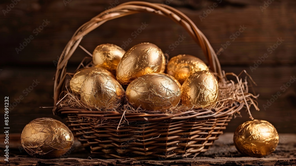 Elegant basket of golden chocolate eggs, nestled beautifully, vibrant and luxurious display, raw finish, intricate details Elegant basket of golden chocolate eggs, nestled beautifully, vibrant and luxurious display, raw finish, intricate details